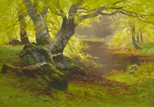 A PAIR OF LANDSCAPE OIL PAINTINGS BY ALFRED OLIVER SPRING AND AUTUMN - ADDITIONAL PHOTO 1