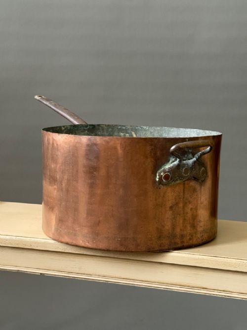 GIGANTIC ANTIQUE COPPER PAN BY LEON JAEGGI OF LONDON