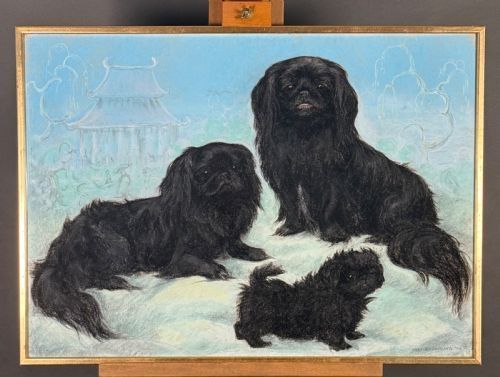 PASTEL ON PAPER DRAWING A STUDY OF THREE BLACK PEKINGESE DOGS