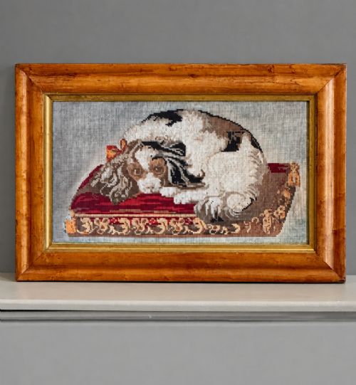 ANTIQUE KING CHARLES SPANIEL TAPESTRY IN BURR MAPLE FRAME