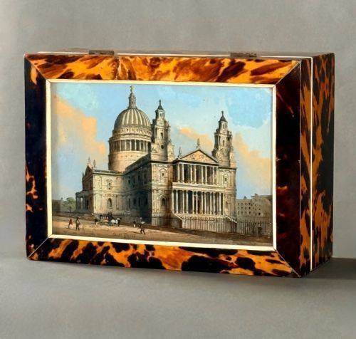 REGENCY TORTOISESHELL BOX WITH REVERSE GLASS PAINTED TOP AND IVORY STRINGING