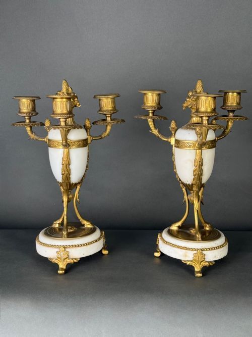 ELEGANT ANTIQUE FRENCH GILDED BRONZE WHITE MARBLE CANDLEHOLDERS