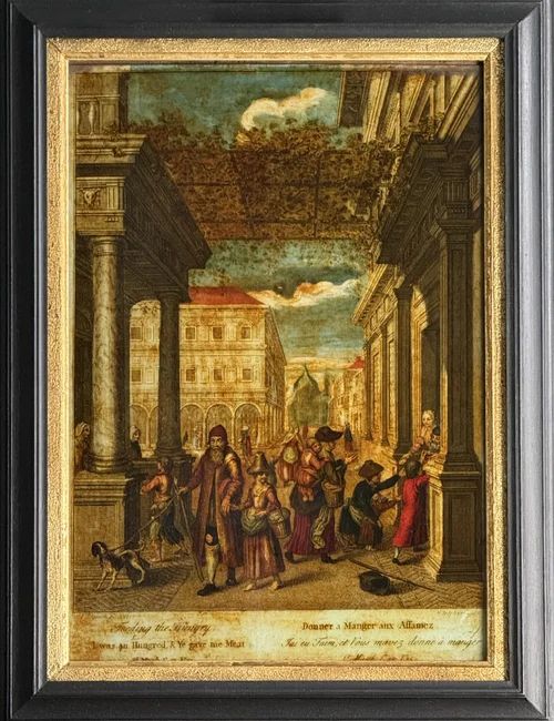 FINE 18TH CENTURY REVERSE GLASS COLOURED MEZZOTINT FEEDING THE POOR BY FLETCHER AFTER SEBASTIAAN VRANCX 15731647