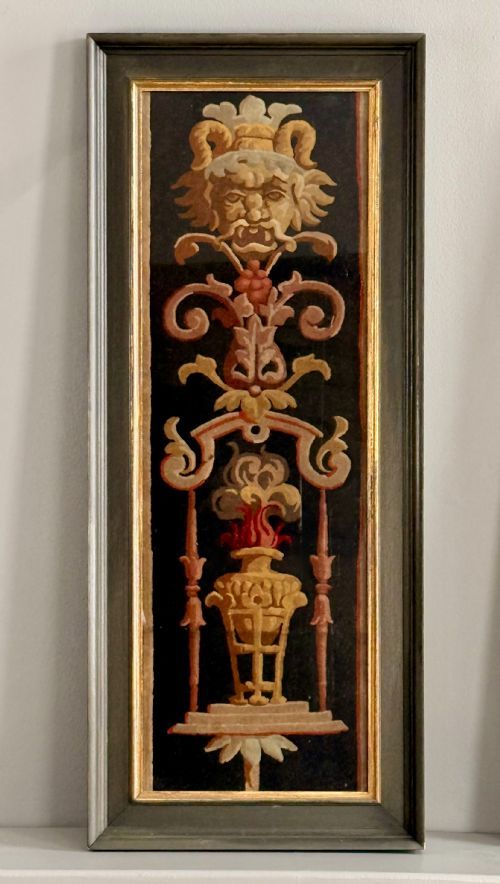 17TH CENTURY CONTINENTAL CLASSICAL EMBROIDERED PANEL MASKS GROTESQUES
