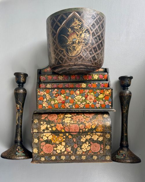 FIVE ANTIQUE LACQUER GROUP OF LETTER RACKS CANDLESTICKS CACHEPOT