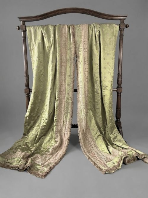 ELEGANT NEOCLASSICAL PALE GREEN SILK CURTAIN PANELS OVER 300CM LONG