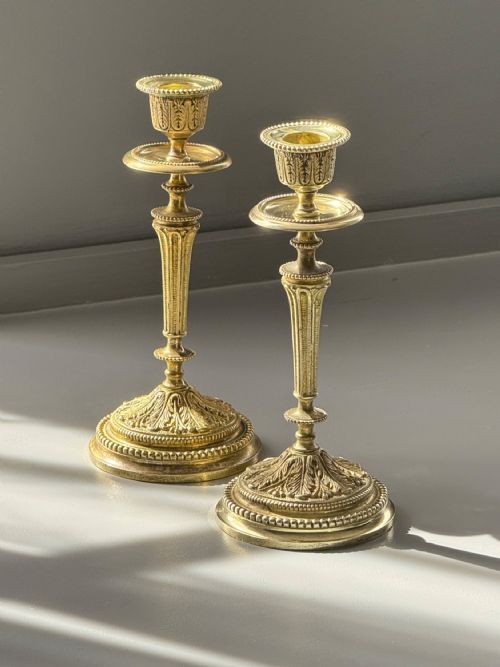 FINE PAIR OF LOUIS XVI STYLE GILT BRONZE CANDLESTICKS