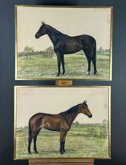 Pair of Pastel on Paper Studies of Horses in a Landscape  - Chesapeake & Mermaid