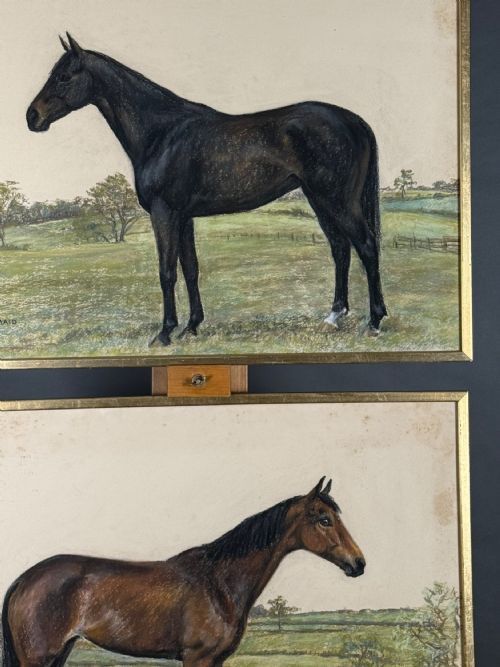 fig 1. A pair of gold-framed pastel drawings depicting two individual horses in profile within grassy landscapes.