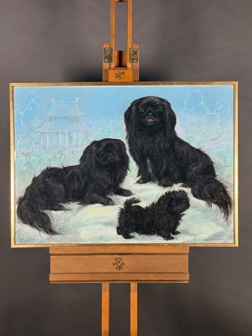 Pastel on Paper Drawing - A Study of Three Black Pekingese Dogs