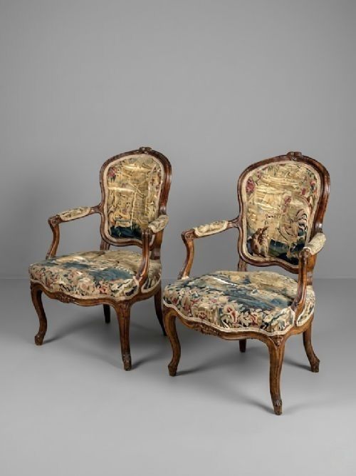 PAIR OF AUBUSSON COVERED LATE 18TH CENTURY LOUIS XV STYLE ARMCHAIRS.
