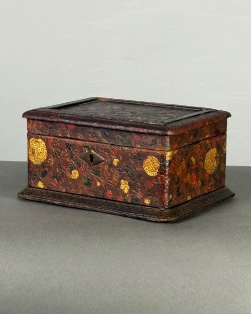 Gold and Polychrome Leather Covered Box Attributed to Susse Freres Paris