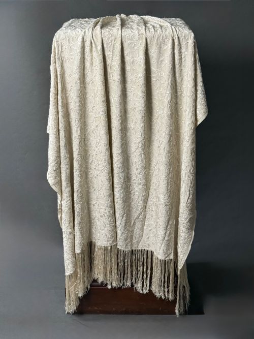 Huge Pale Grey Hand Embroidered Silk Chinese Fringed Shawl