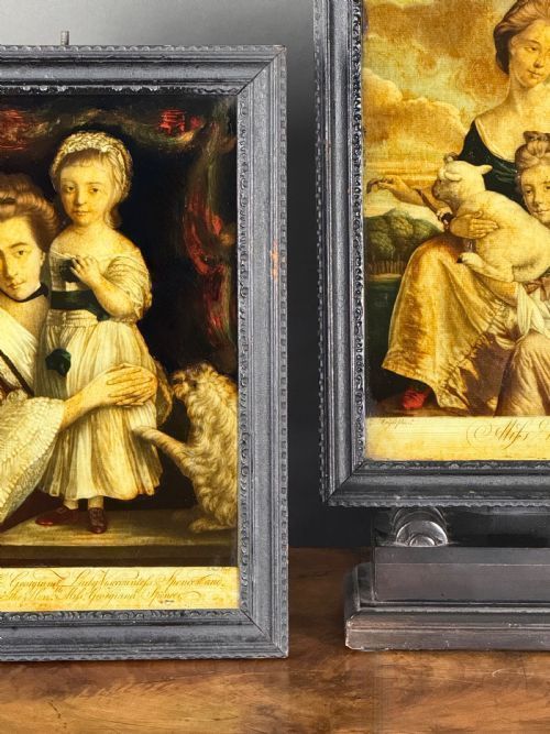 fig 1. A pair of eighteenth-century reverse glass mezzotint prints depicting Georgian lady portraits framed in moulded wooden borders.