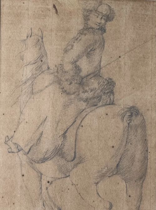 fig 1. An early eighteenth-century framed drawing on paper depicting a rider mounted on a horse, set within a sage green mount and a carved gilded frame.
