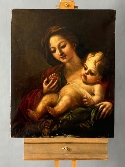 An 18th-century Italian oil painting on canvas depicting the Virgin Mary holding the Christ Child who reaches towards cherries.