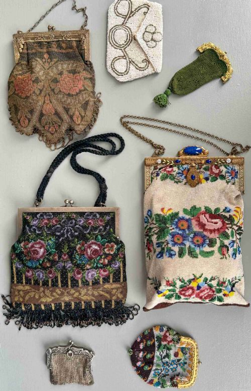 COLLECTION OF SEVEN 1920's EVENING BAGS / PURSES  - BEADED AND SILVER 