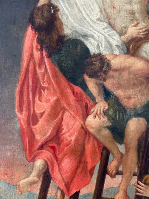 fig 1. An oil painting on canvas depicting the Descent from the Cross after Peter Paul Rubens, featuring figures lowering Christ from the cross on ladders.