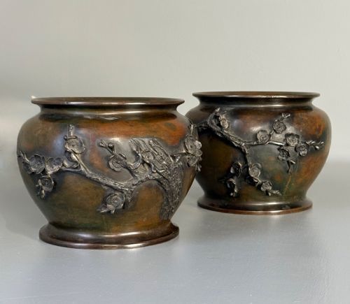 fig 1. A pair of dark bronze Meiji period jardinieres featuring high-relief cast decorations of blooming plum blossom branches.