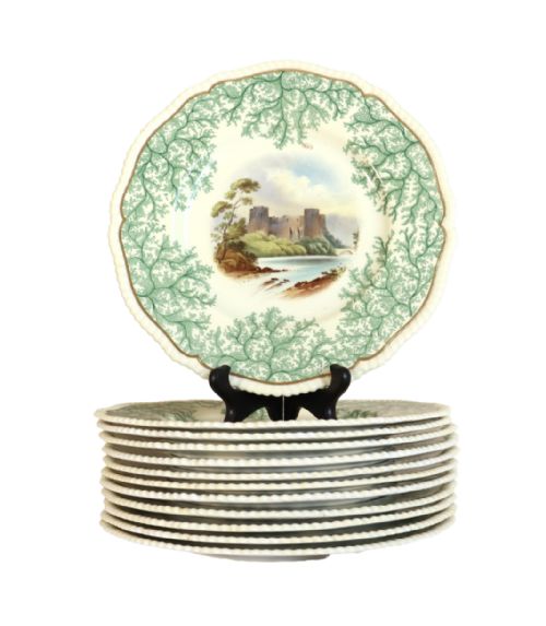 Set of 12  19th C. Spode Seaweed Bordered 'Landmark Scene' Dinner Plates - Ford Family Provenance.