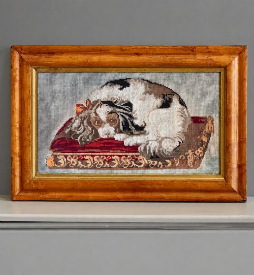 19th Century 'Berlin Work' King Charles Spaniel Needlework in Origial Burr Maple Frame