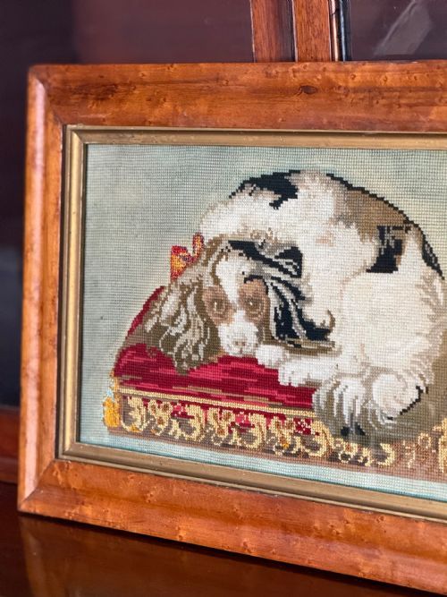 fig 2. A 19th-century rectangular Berlin woolwork embroidery featuring a King Charles spaniel curled on a red patterned cushion, set within a wide burr maple frame.