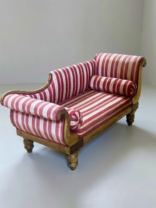 FINE REGENCY GILTWOOD SOFA UPHOLSTERED IN ANTQUE STRIPED SILK