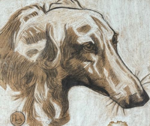 Art Deco Drawing of a Borzoi Dog - Gouache and Pencil on Buff Paper.