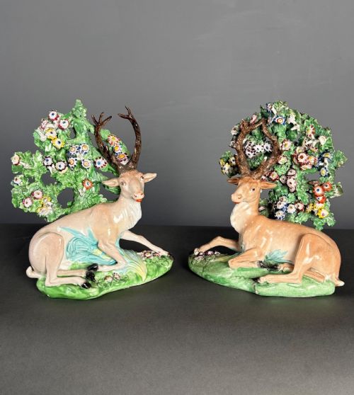 Fine and Large Pair of George III Derby Recumbent Stag Figures
