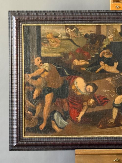 fig 1. A 17th-century Baroque oil painting depicting the biblical scene of the Massacre of the Innocents set in a dark carved wooden frame.