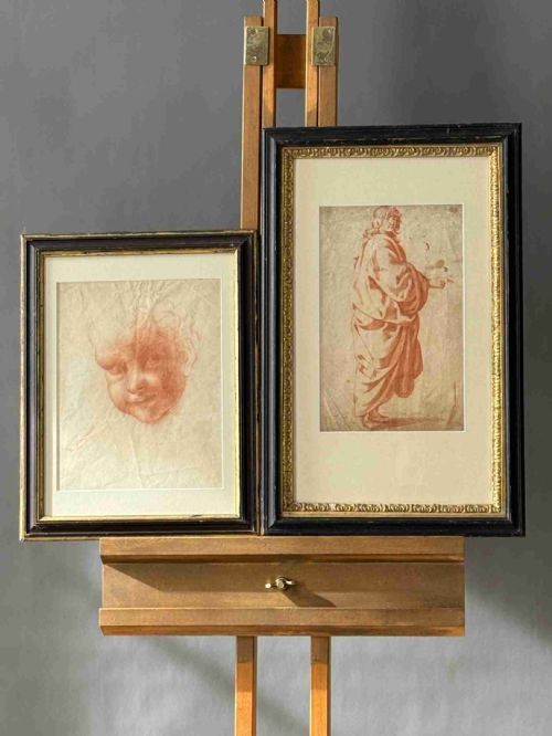 Two and Antique  Sanguine on Paper Drawings ( Childs Head/draped Figure)