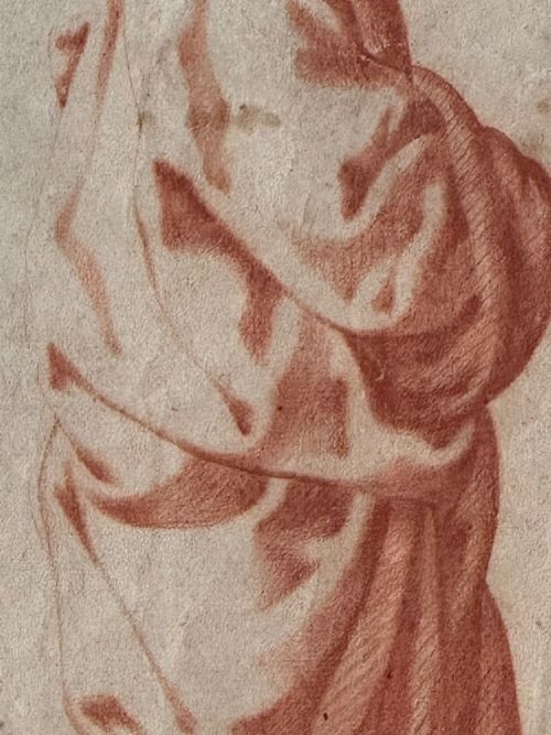 fig 3. A pair of framed antique red chalk drawings on paper depicting a childs head and a draped standing figure, set in ebonised frames with gilt inner rims.