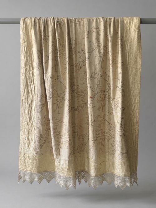 Huge Art Nouveau Hand Embroidered Coverlet with Silk and Lace Trim