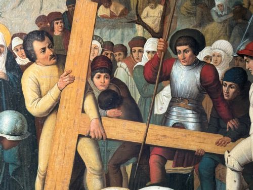 fig 1. A 19th-century oil painting on canvas depicting Christ falling under the weight of a wooden cross surrounded by a crowd in historical attire.