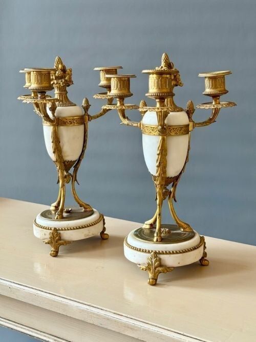 Elegant Antique French Gilded Bronze & White Marble Candleholders