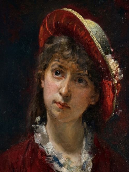 fig 1. A 19th-century oil portrait depicting a young woman wearing a crimson hat and dress while holding an open book.