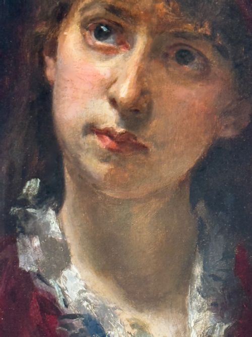 fig 3. A 19th-century oil portrait depicting a young woman wearing a crimson hat and dress while holding an open book.