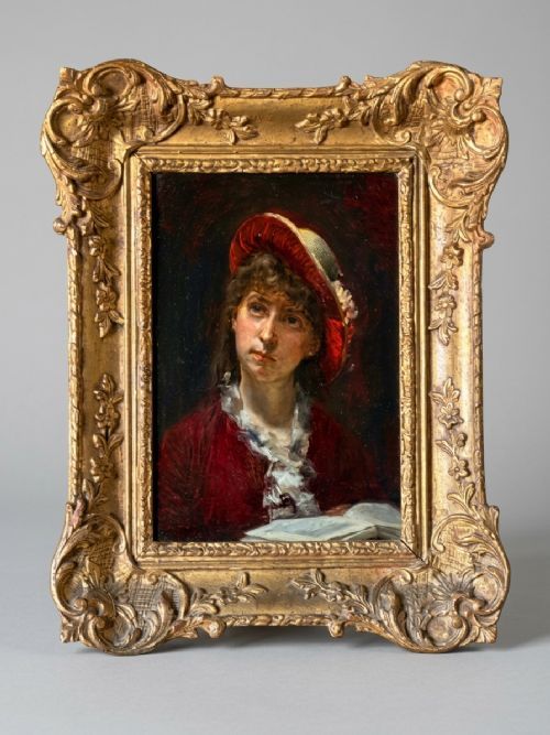 fig 4. A 19th-century oil portrait depicting a young woman wearing a crimson hat and dress while holding an open book.