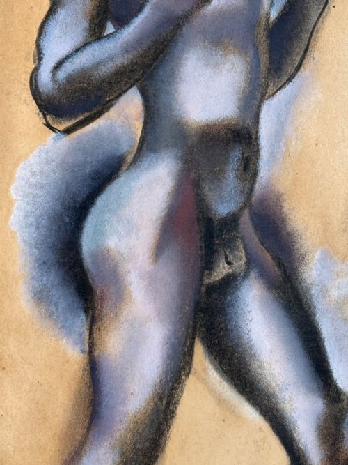 fig 1. A framed charcoal and white gouache study of a standing male boxer in profile on beige paper within a cream mount and black wooden frame.