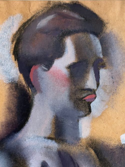 fig 2. A framed charcoal and white gouache study of a standing male boxer in profile on beige paper within a cream mount and black wooden frame.