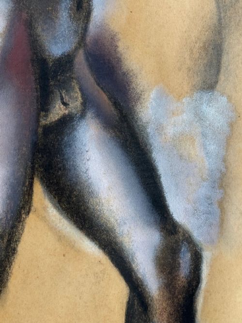 fig 3. A framed charcoal and white gouache study of a standing male boxer in profile on beige paper within a cream mount and black wooden frame.