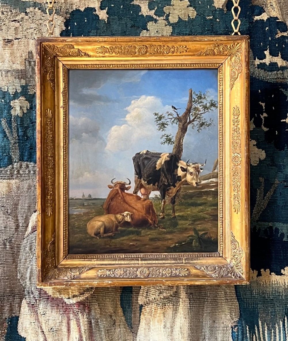 LATE 18TH CENTURY FLEMISH SCHOOL OIL ON PANEL STUDY OF TWO COWS AND SHEP AT REST - CIRCLE OF JOSEPH VERBOECKHOVEN View II