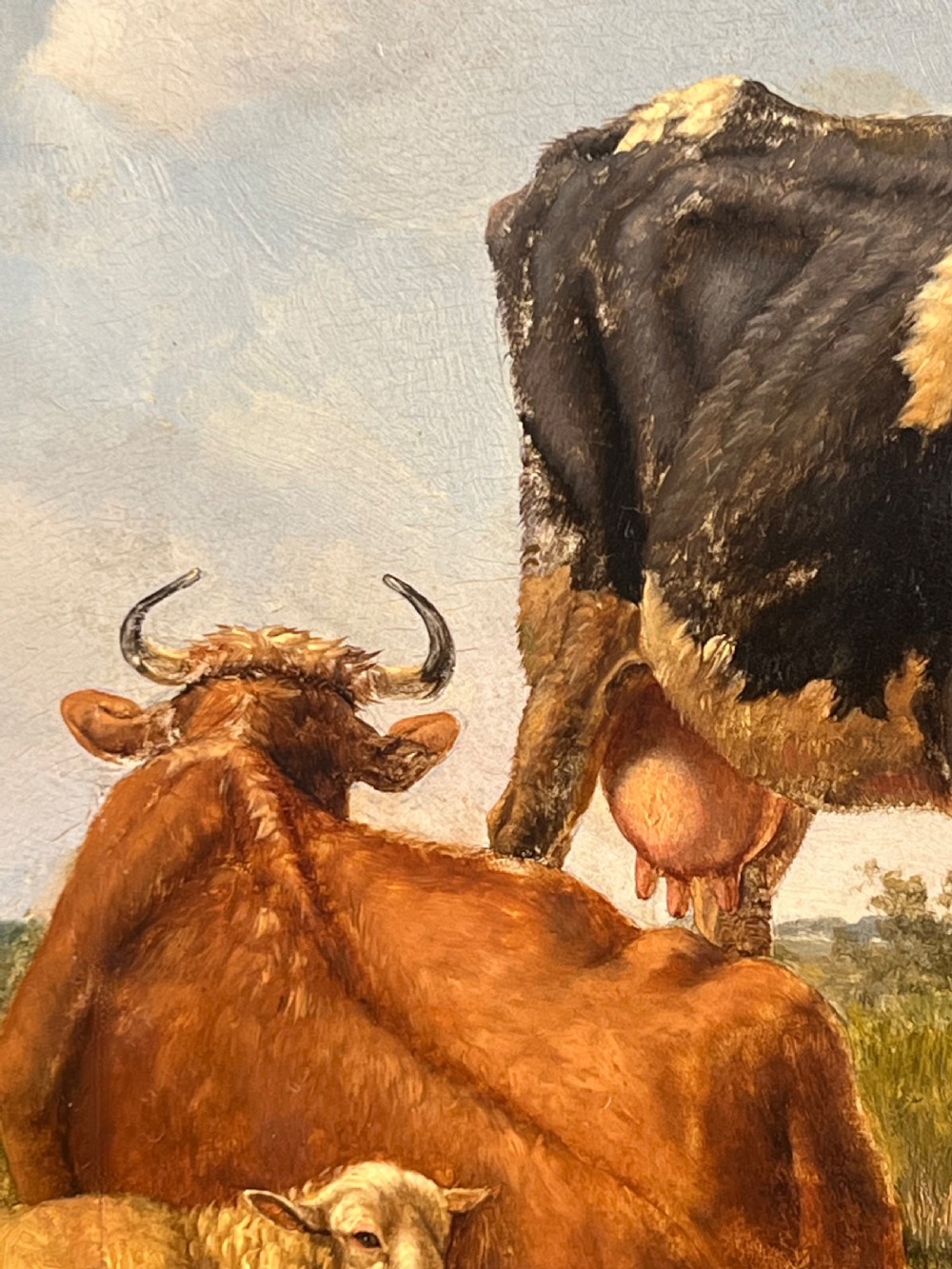 LATE 18TH CENTURY FLEMISH SCHOOL OIL ON PANEL STUDY OF TWO COWS AND SHEP AT REST - CIRCLE OF JOSEPH VERBOECKHOVEN View III