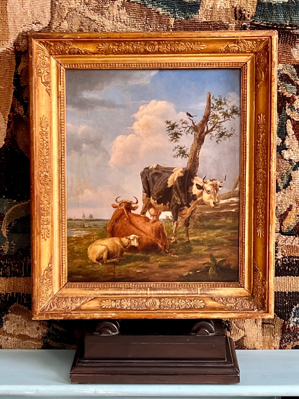 LATE 18TH CENTURY FLEMISH SCHOOL OIL ON PANEL STUDY OF TWO COWS AND SHEP AT REST - CIRCLE OF JOSEPH VERBOECKHOVEN View IX