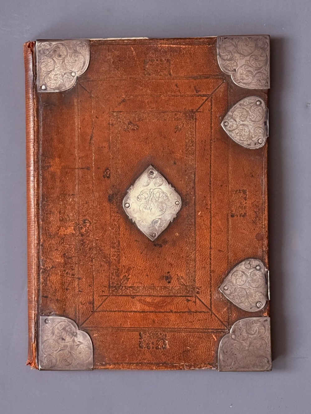 LATE 17TH CENTURY BOOK BINDING / LIBRARY DESK BLOTTER WITH ENGRAVED SILVER MOUNTS  View IV