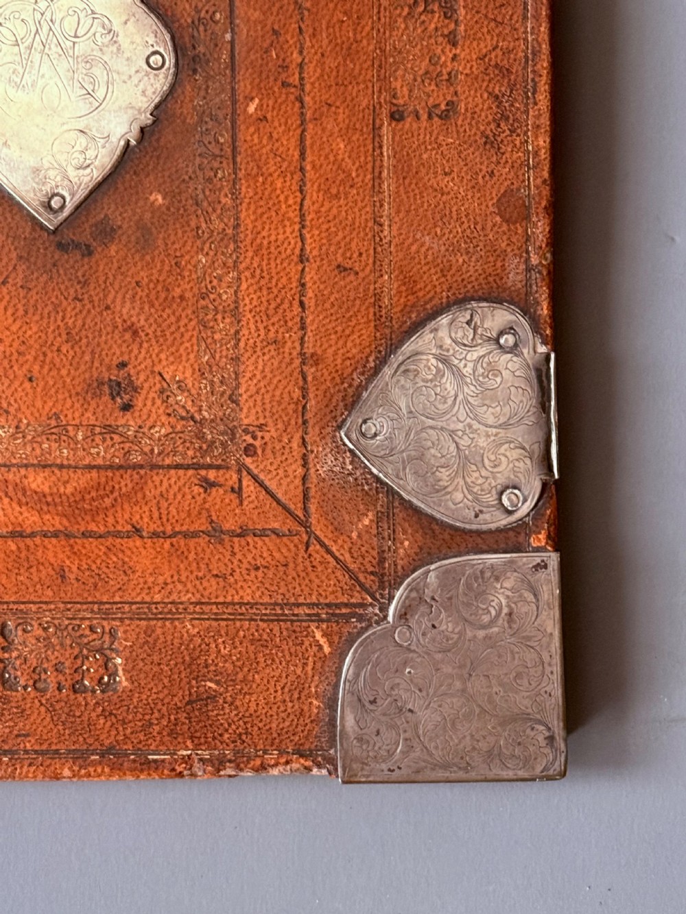 LATE 17TH CENTURY BOOK BINDING / LIBRARY DESK BLOTTER WITH ENGRAVED SILVER MOUNTS  View V