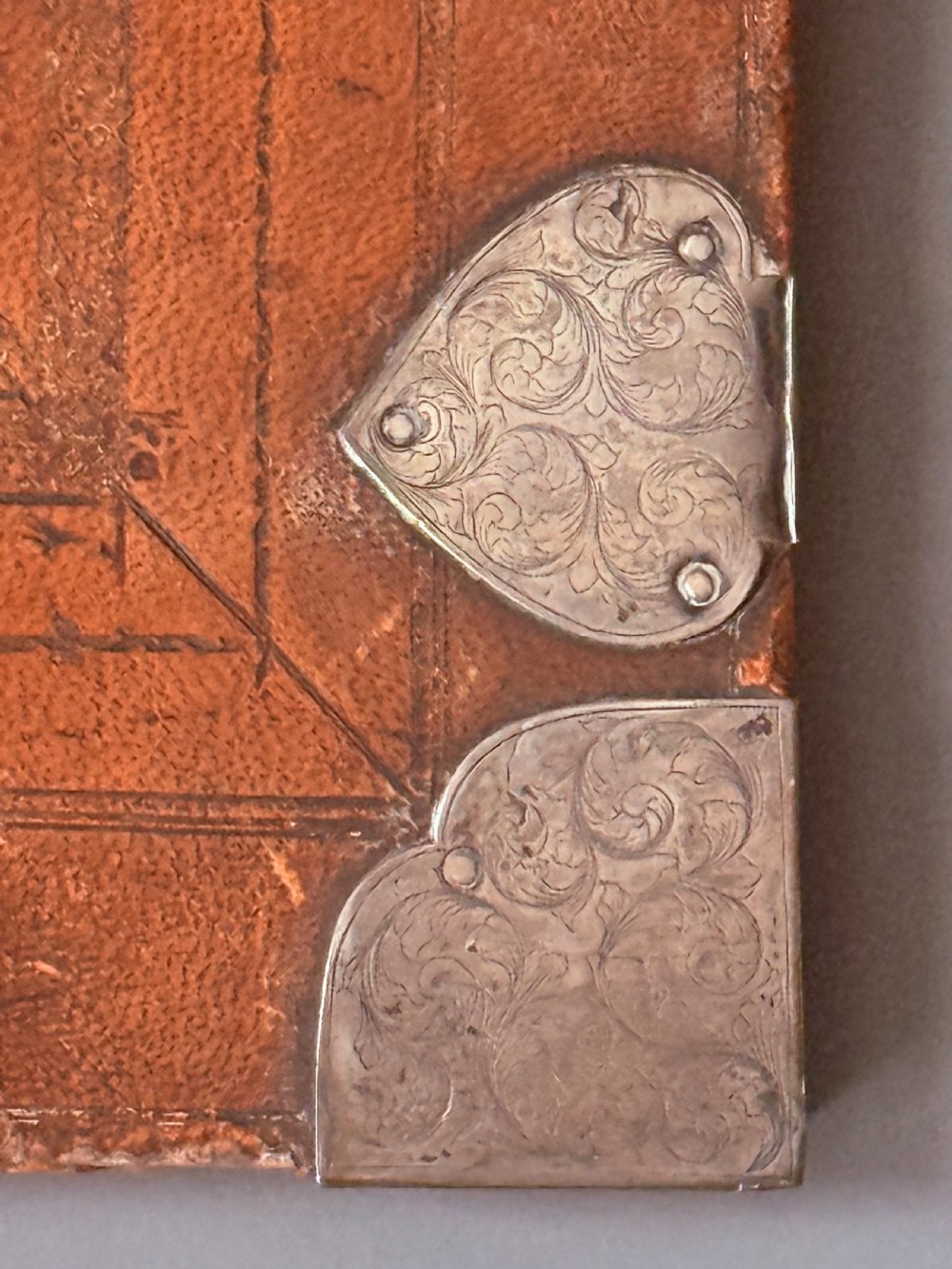 LATE 17TH CENTURY BOOK BINDING / LIBRARY DESK BLOTTER WITH ENGRAVED SILVER MOUNTS  View VII