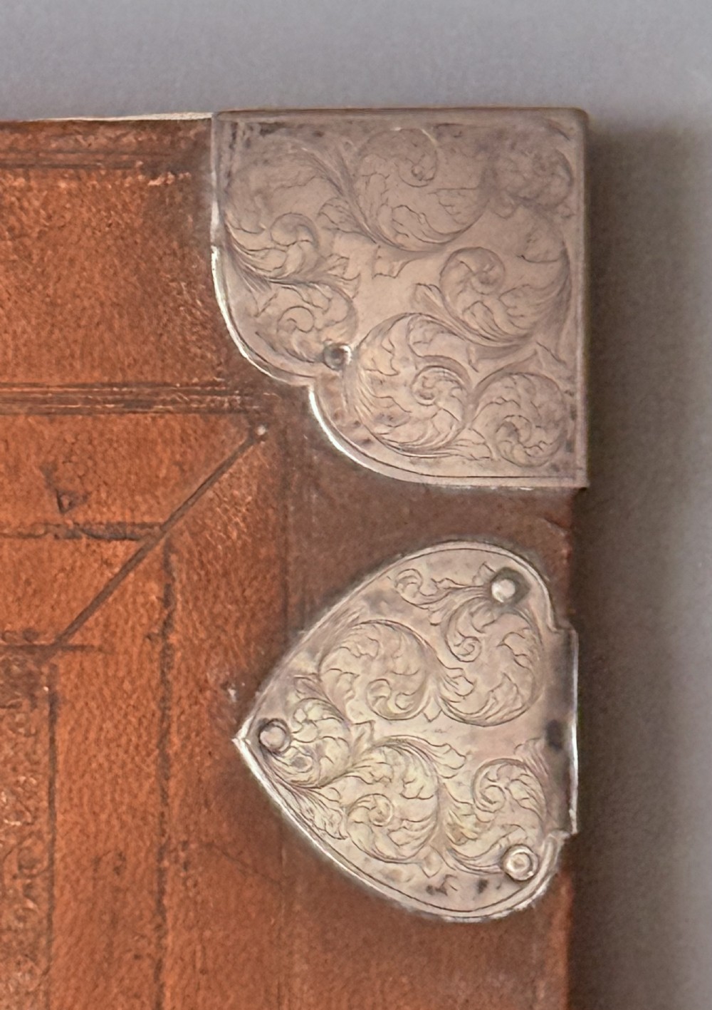 LATE 17TH CENTURY BOOK BINDING / LIBRARY DESK BLOTTER WITH ENGRAVED SILVER MOUNTS  View VIII