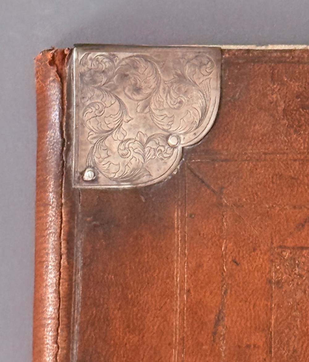 LATE 17TH CENTURY BOOK BINDING / LIBRARY DESK BLOTTER WITH ENGRAVED SILVER MOUNTS  View IX