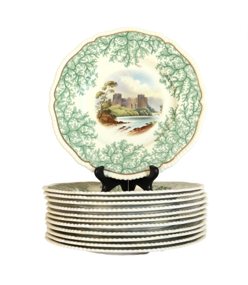 SET OF 12  19TH C. SPODE SEAWEED BORDERED 'LANDMARK SCENE' DINNER PLATES - FORD FAMILY PROVENANCE.